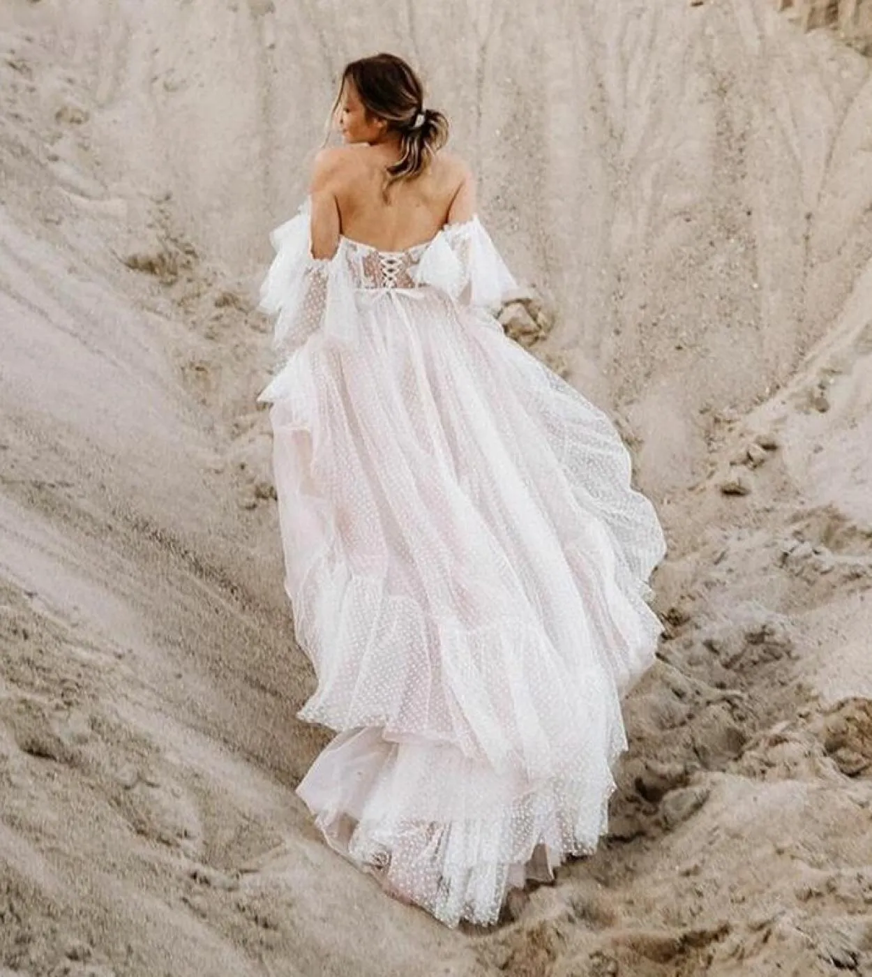 Abito da sposa Boho da spiaggia con spalle scoperte Sweetheart Dots Tulle Abito da cerimonia nuziale da sposa Abito da sposa pri