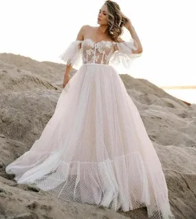 Abito da sposa Boho da spiaggia con spalle scoperte Sweetheart Dots Tulle Abito da cerimonia nuziale da sposa Abito da sposa pri