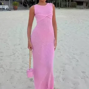 Abito lungo estivo in maglia da spiaggia per donna Copricostume rosa senza maniche Abito estivo intrecciato Maglieria Maxi adere