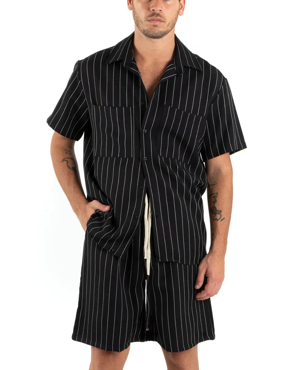 Completo Set Coordinato Uomo Viscosa Rigato Gessato Nero Camicia Con Colletto Bermuda GIOSAL-OU2373A