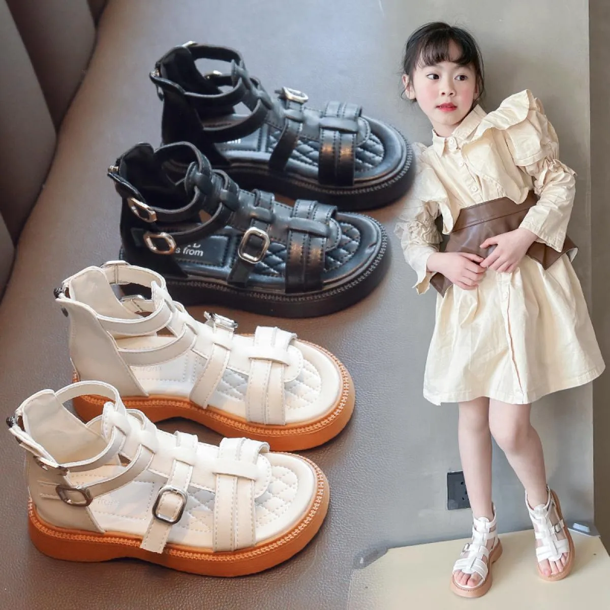 Sandali da ragazza con fondo morbido Scarpe da piccola principessa Estate Nuovi bambini Scarpe romane con tessuto alto Scarpe da