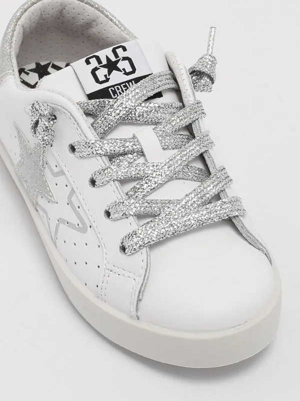 Sneakers bambina 2Star in pelle con dettagli laminati Bianco-Argento