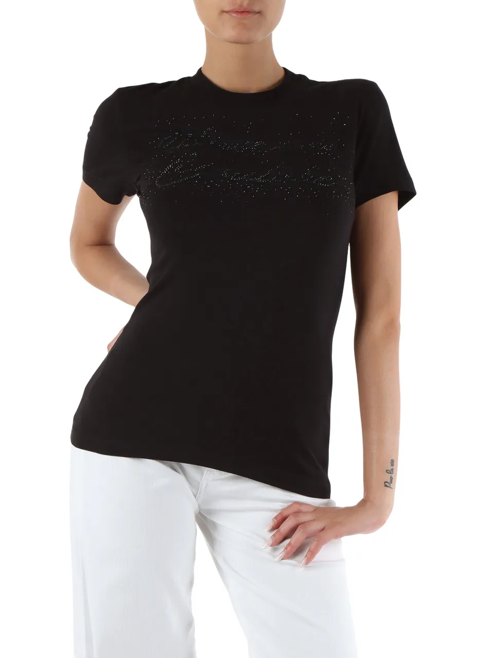 T-shirt in cotone stretch con logo in strass