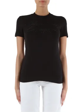 T-shirt in cotone stretch con logo in strass